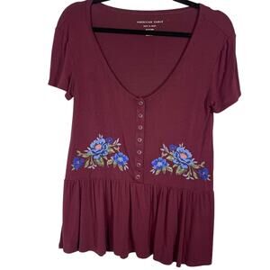 American Eagle, Size XS, Maroon Soft & Sexy Top, Embroidery, Floral, Peplum, EUC